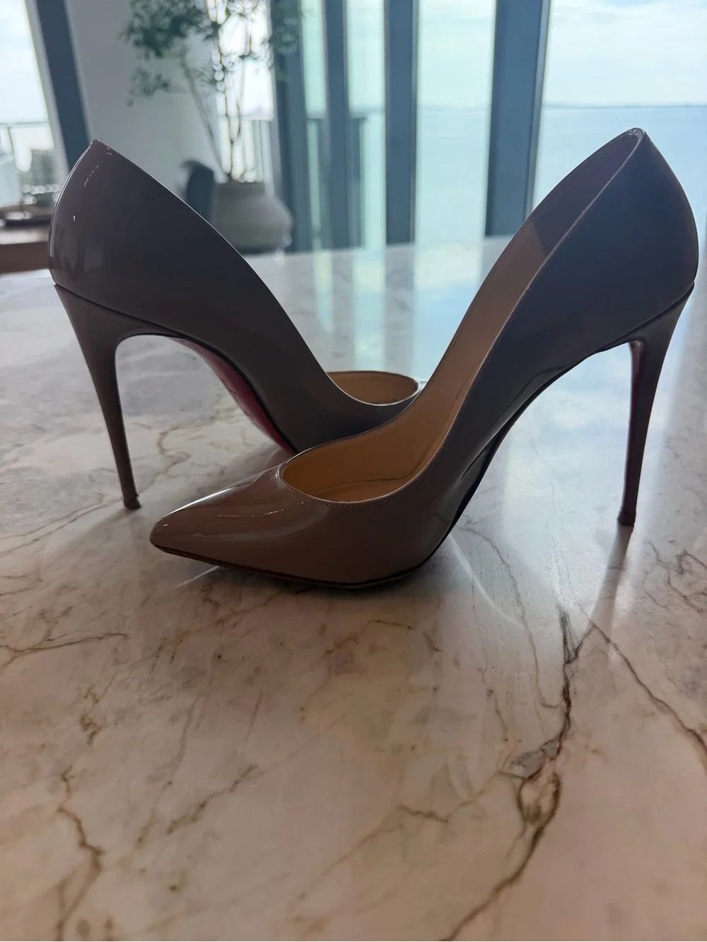Christian Louboutin Patent Pointed-Toe Stiletto Pumps in Taupe